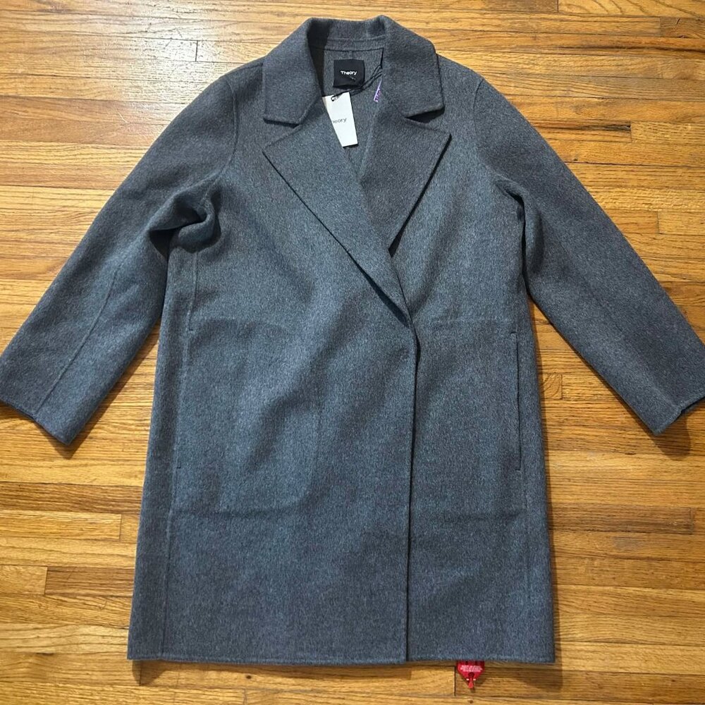 New w/tag THEORY Wool-Cashmere-Blend Coat Dark Grey Melange L $795